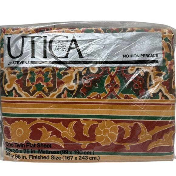 UTICA Cacharel Twin Flat Sheet New Vintage 1970s Brown Shawl Pattern Percale - Picture 1 of 11